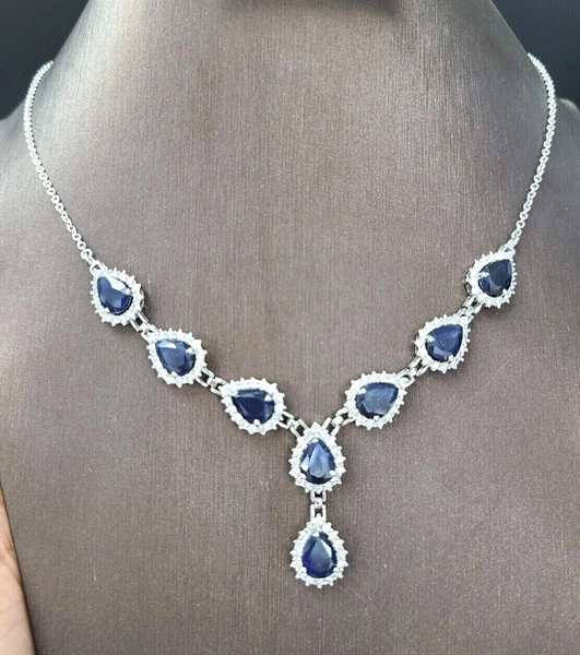 DEAL! 12.05TCW 100% GENUINE SAPPHIRE & DIAMOND LADIES NECKLACE IN 14K WHITE GOLD