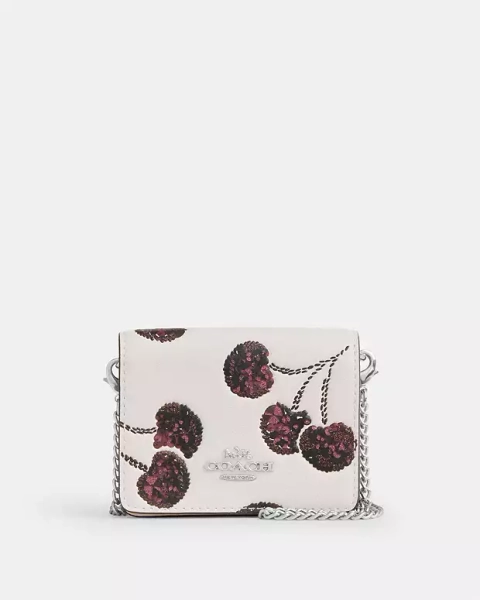Silver/Chalk Multi Mini Wallet On A Chain With Cherry Print