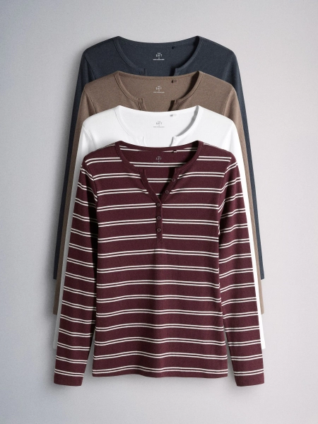 The Set 4 Pack Ribbed Henley Long Sleeve T-Shirts BurgundyStripe/Navy Blue/Brown/White