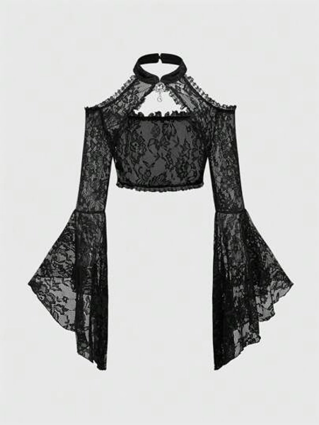 Goth Top corto con scollo a spalla bassa, maniche a campana e dettagli in pizzo, in stile gotico e da palazzo