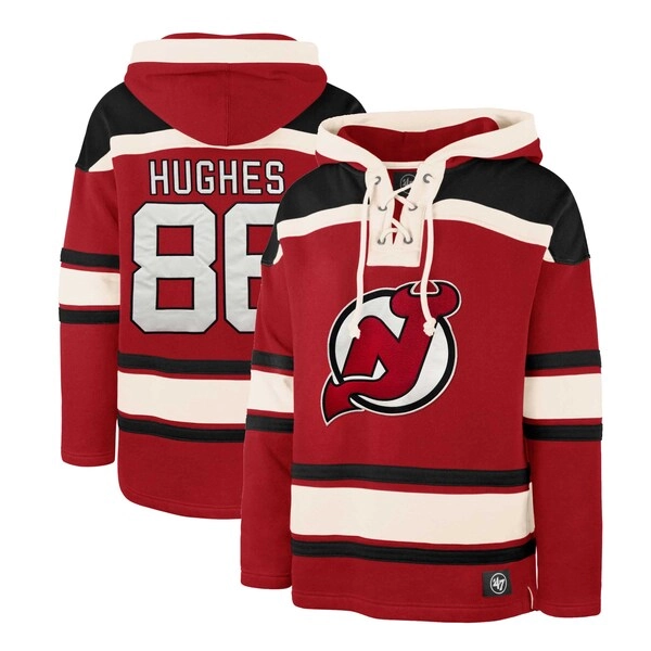 Men's New Jersey Devils Jack Hughes '47 Red Player Lacer Pullover Hoodie