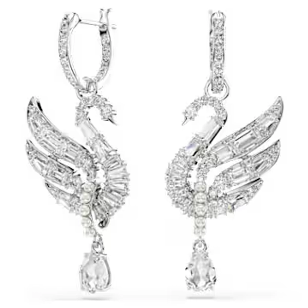 Swan earrings, Swan, White, Rhodium plated