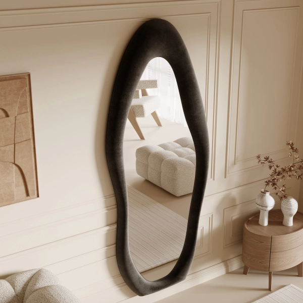 Large Full Length Mirror 70.8"x31.5", Oversized Irregular Wavy Mirror, Arched Floor Mirror, Wall Mirror Standing Hanging Or Leaning Against Wall For Bedroom, Flannel Wrapped Wooden Frame Mirror