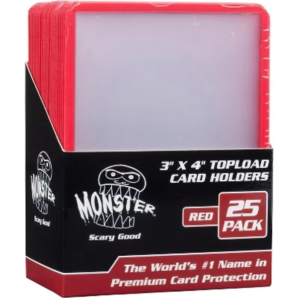 Monster Top Loaders for Trading Cards - 25, 3x4" Clear Hard Plastic Protector w Red Border- Compatible w Yugioh, Sports & More