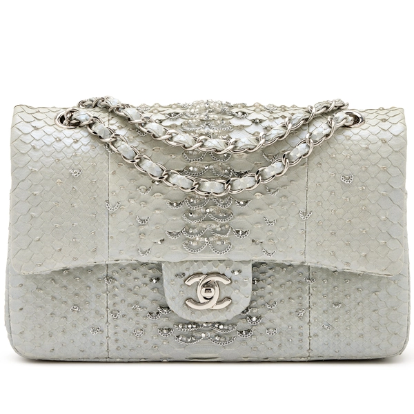 Sotheby's - Light Grey and Blue Iridescent Python Crystal and Chain Embellished Medium Classic Double Flap Silver Hardware, 2012