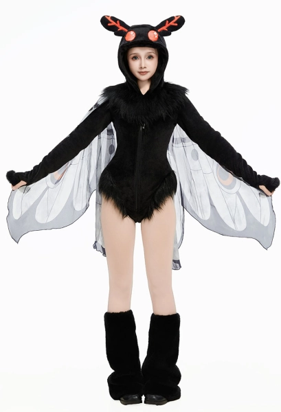 Halloween Mothman Kapuzen Dunklen Stil Pelziger Bodysuit mit Flügeln Kragen