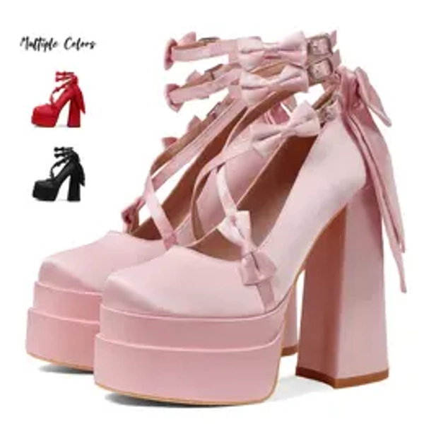 AOSPHIRAYLIAN Women's Cute Rubber Mary Janes Shoes - Round Toe, Ankle Strap Buckle, Block Platform Chunky Heels, Lolita Kawaii Princess Style, Black/Pink/Red Options, Heels for Birthday Wedding Party Wear