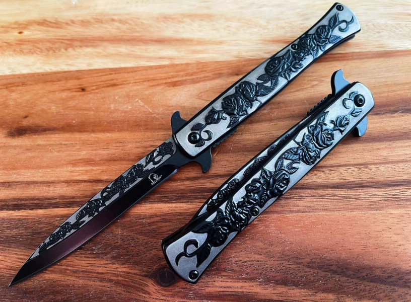 Vintage Black Rose Design Pocket Knife, Spring Assisted, 9" - Etsy