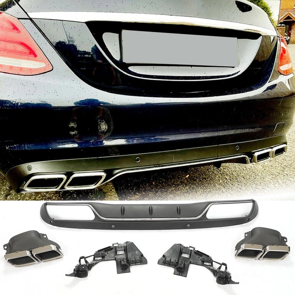 Rear Bumper Diffuser W/Exhaust Tips - For Mercedes W205 C200 C300 Base Sedan 