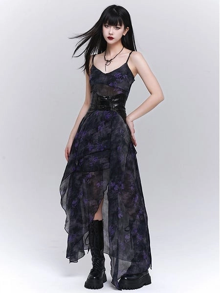 [$42.00]Black & Purple Floral Print Asymmetrical Hem Glamorous Cami Dress