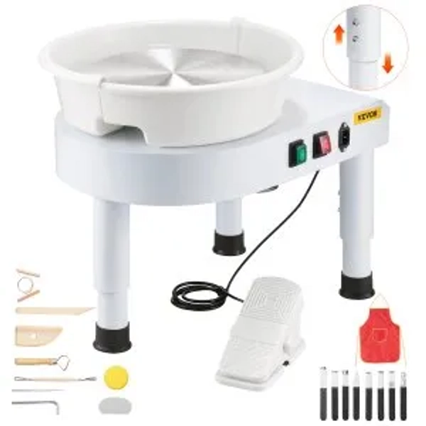 VEVOR Pottery Wheel, 28 cm Ceramic Wheel Forming Machine, 60-300 RPM Speed Adjustable Foot Pedal, Adjustable Lift Leg, Detachable Basin, Complete Tool Accessory Kit for Work Art Craft DIY, White