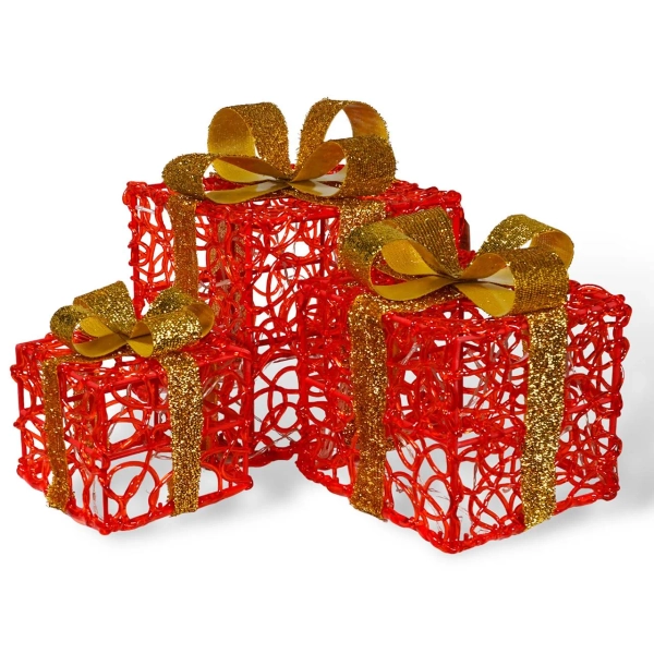 Set of 3 Indoor or Outdoor LED Light Up Christmas Boxes with Timer - Battery Powered Gift Present Box Illuminated Xmas Decorations
