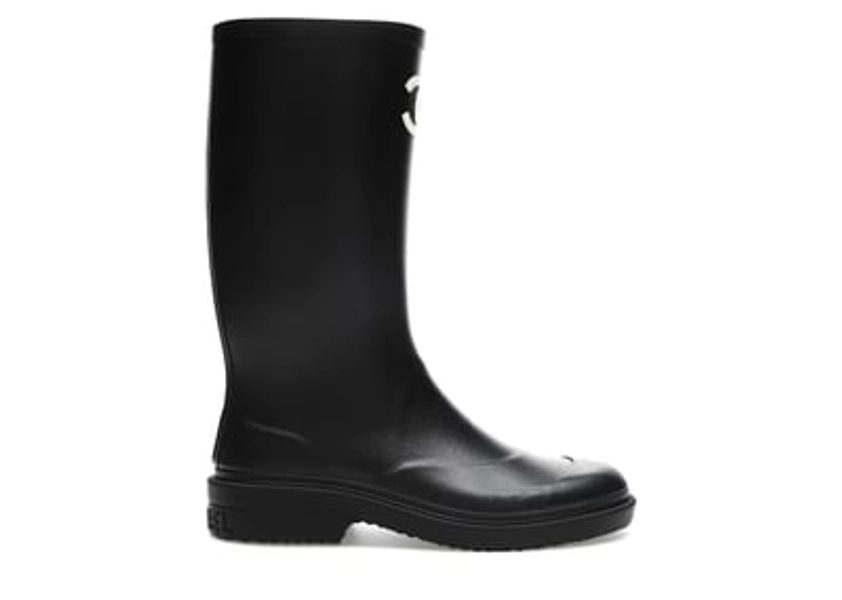 Women's Chanel Rubber Rain Boots Sneakers in Black/White
