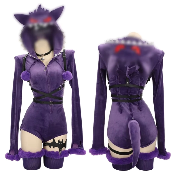 Meowcos Damen Genga Cosplay Kostüm Halloween Lila Geist Strampler Body Plüsch Kapuze und Socken mit Gürtel und Schwanz