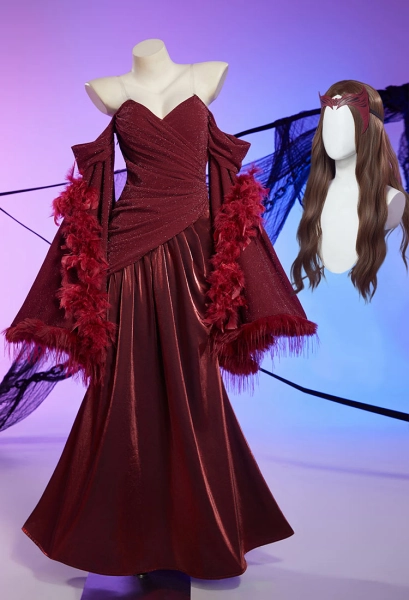 Superhero Derivative Wine Red Gown Off the Shoulder Dress with Fur Cape and Mask