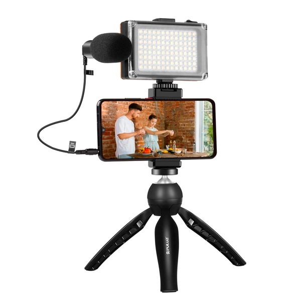 Puluz Tripod Sæt til Smartphone - LED lys, Klemme, Mikrofon, USB-C/3,5mm kabler