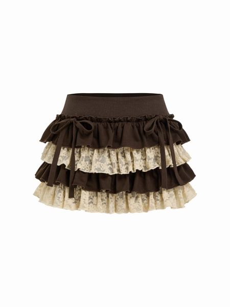 Low Rise Lace Layered Bowknot Lettuce Trim Mini Skort