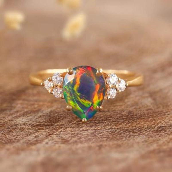 AAA Ethiopian opal ring, black fire opal ring, October birthstone, Minimalist ring, ring for women, Vintage fire opal ring, gift for her