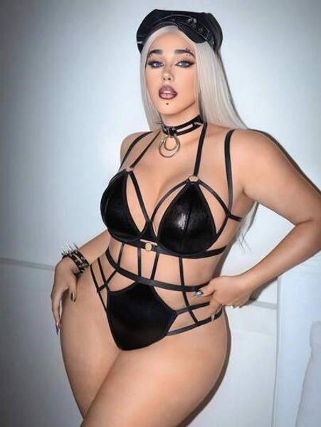 AltCore Plus Size Women Lacey Cutout Lace-Up Bodysuit Lingerie