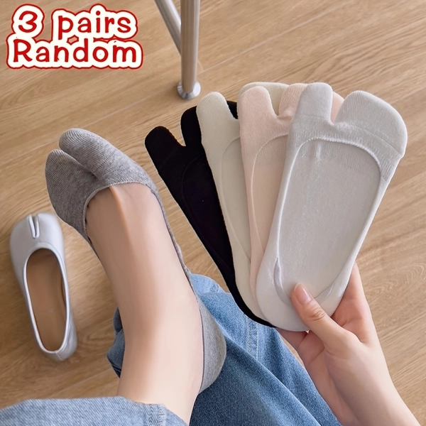 3-Pair Random Assortment Unisex Toe Separator Boat Socks, Breathable and Sweat-Absorbent Two-Toe Socks, Essential for Daily Commuting / Slip-On Shoes