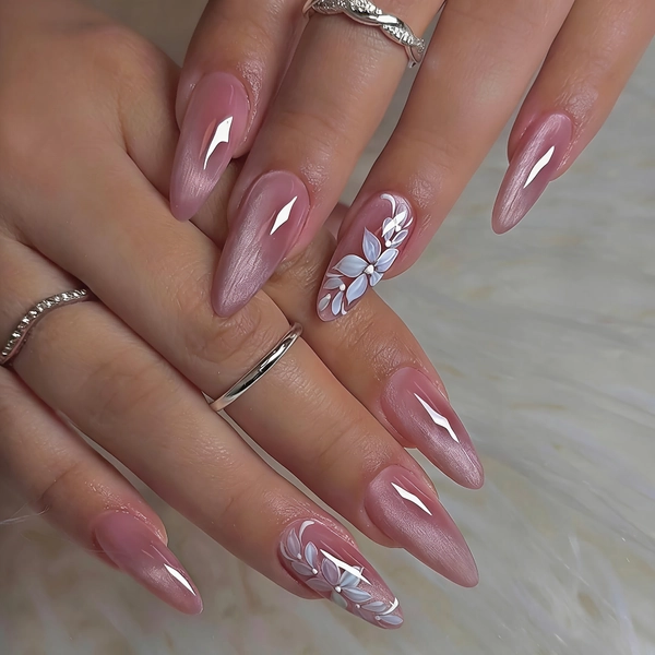 TEMU 24pcs Medium-long Almond-shaped Cat Base & Summer Oil Painting Floral Wearable Nail Set. Includes Pads And A Nail File. Suitable For Parties,