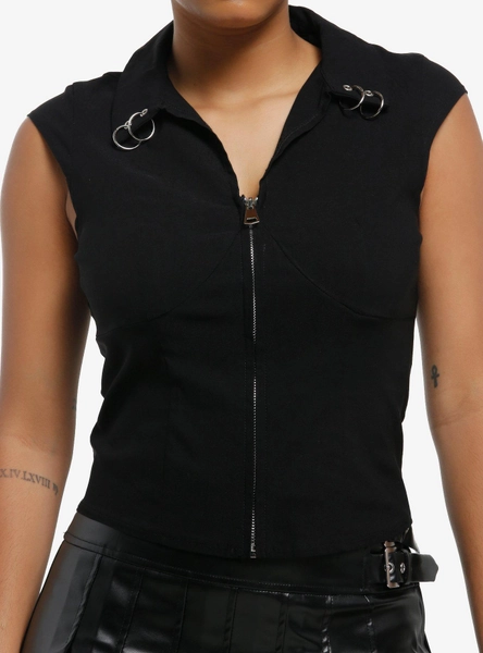 Black Zipper Pierced Girls Collared Top