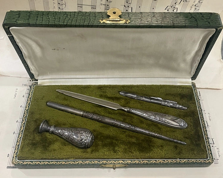 Antique French Desk Set Letter Opener Quill Pen Wax Seal Original Box c1900