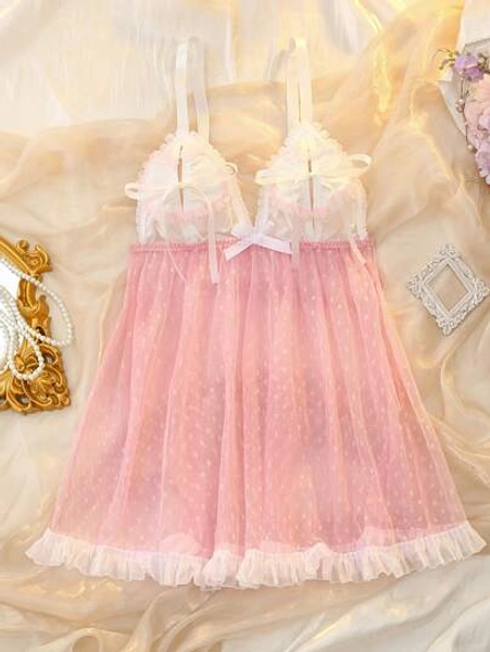 Lace-Up Front w/ Bowknot, Mesh Body Lingerie Dress
