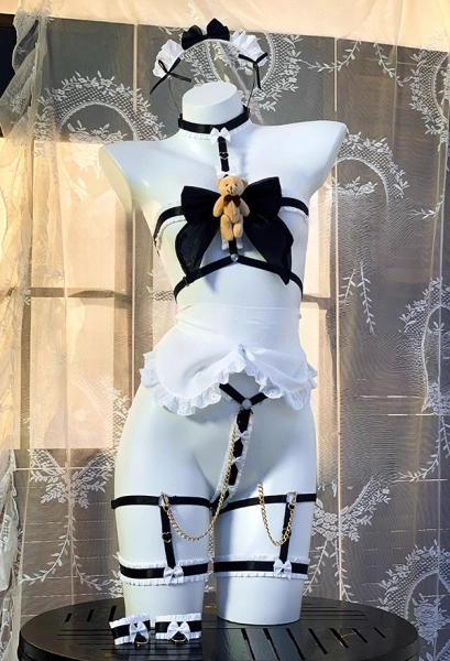 Black Bear Maid Sexy Lingerie Set Sheer Dress with Apron and Lace Bondage Strap Set