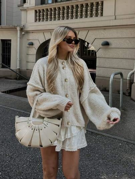 Senya Fall And Winter New Women's Round Neck Lantern Sleeve Front Button Knitted Cardigan, Loose Casual, Lazy, Daily Commuting, Afternoon Tea, Back To School, Graduation, Sweater Tops,Valentine's Day Women's Winter Sweaters,New Year Outfit