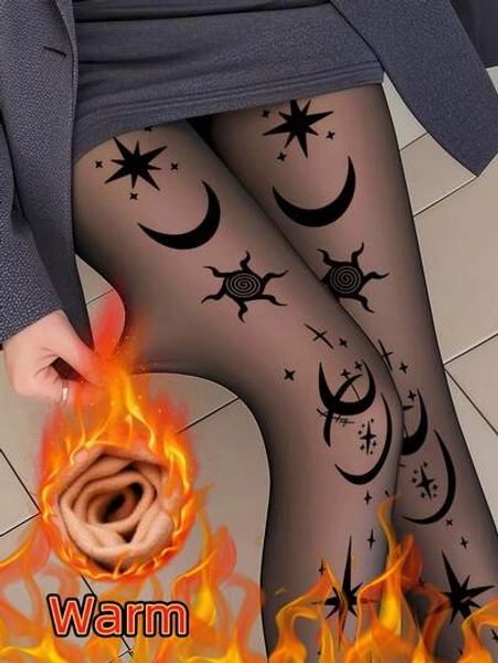 Women's Sheer Black Tights with moon print