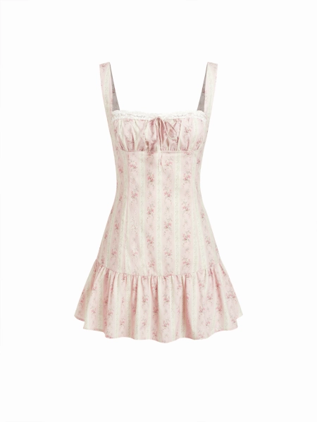 Cotton Floral Square Neck Lace Up Ruffle Hem A-line Mini Dress
