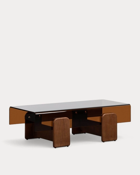 Table basse rectangulaire 120x60 cm en verre courbé et bois Clery