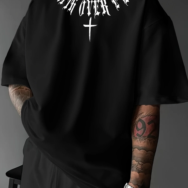 Men's Streetwear Faith Over Fear Graphic T-Shirt - Breathable Polyester Relaxed Fit Round Neck Short Sleeve Tee for Summer Casual Wear, Street Style Outfit, Bold Print Design, Durable Construction, Statement Shirt, Urban Style, Soft Material, Print Top, Young Adults