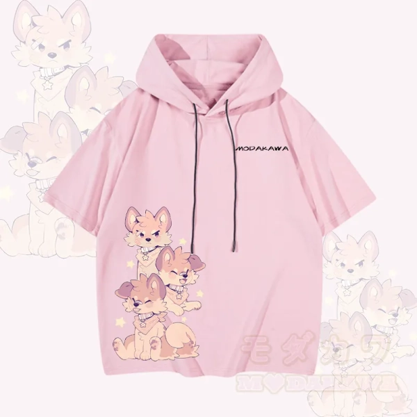 MODAKAWA X popipeko Playful Puppy Graphic Short Sleeve Hoodie