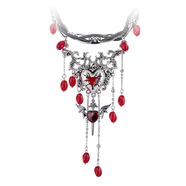 Blue Banana Skull Heart & Red Beads Necklace (Silver)