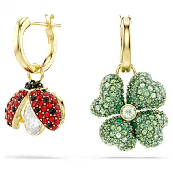 Idyllia drop earrings, Set (3), Ladybird, clover, strawberry, Multicoloured, Gold-tone plated