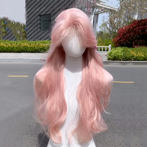 A 26-inch cherry blossom light pink wavy hair with a side-swept bangs, sweet and cute, music festival daily fluffy and breathable full-head wig suitable for everyone