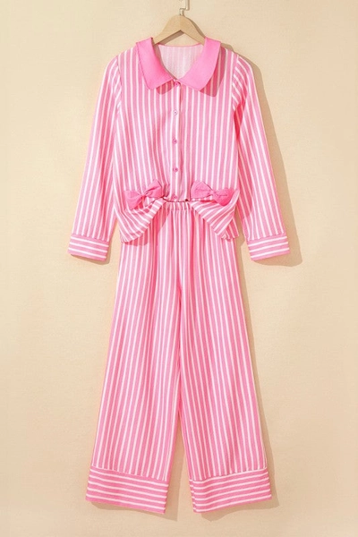 Stripe Bow Tie Top and Pants Pajama Set - Pink Stripe / XL