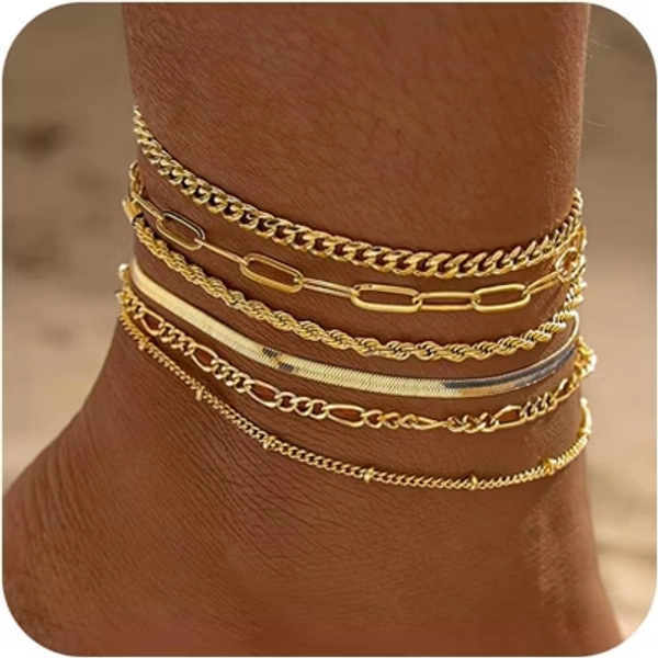 6 PCS 14k Plated Gold Layered Anklet Set Waterproof Herringbone Paperclip Beaded Figaro Cuban Link Chain 6Pcs-A0136 Ankelt Set-GD 8