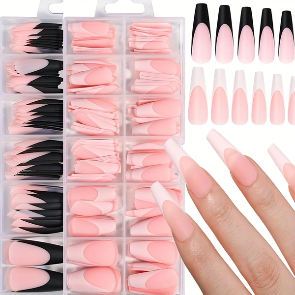[Reusable Nail Art] 120pcs French style fake nails Almond shaped nail head 10pcs/ grid, black, pink fake nails set reusable natural nail art for women