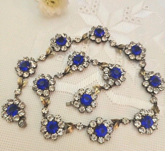 Antique Art Deco Sterling Silver Blue Sapphire & Crystal Flowers Leaf Necklace