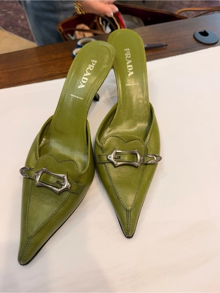 Prada Olive Green Leather Pointed Buckle Mule