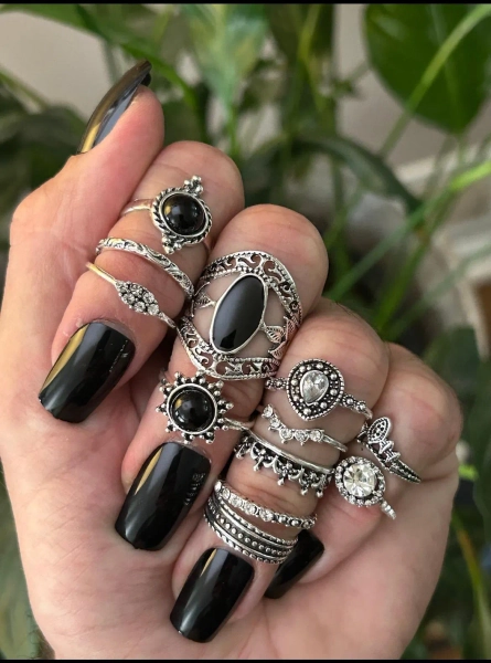 The Goth Queen 12pc silver stacking ring set
