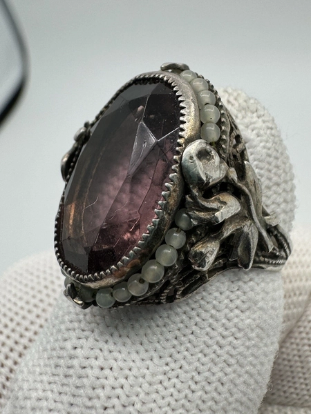 Art Nouveau Sterling Silver Ring Antique Dusky Purple Mini Pearl Band