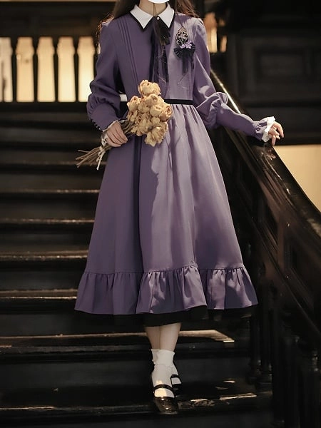 Purple Sweet Lolita One Piece High Waist Dress with Velvet Waist Belt