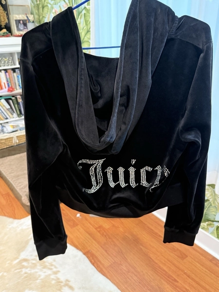 Juicy Couture Black Velour Sequin Logo Full Zip Hoodie Jacket Size S 2000s Y2K