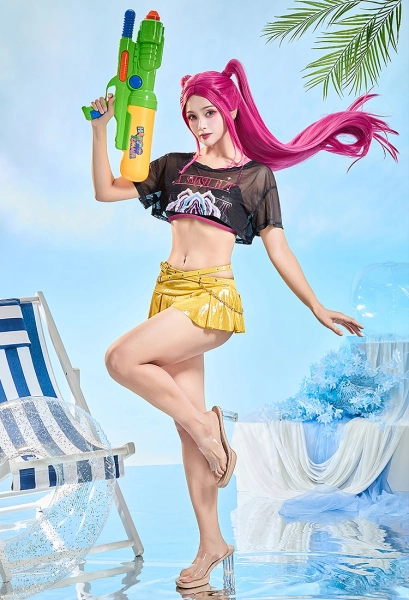 Kpop Slayers Derivative Main Dancer Printed Top and Swim Skort Two-piece Swimsuit with Cover-up