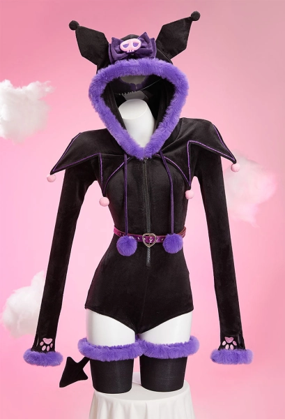 Anime Doll Derivative Sexy Plush Homewear Black and Purple Cute Romper with Tail and Belt