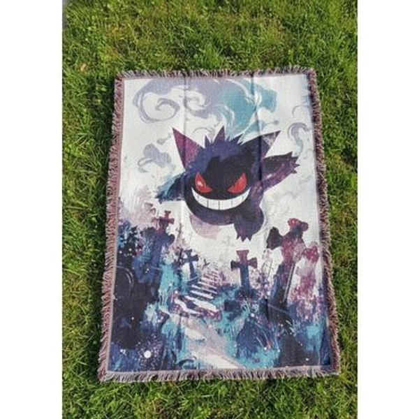 Dark Gengar Inspired Woven Throw Blanket | Spooky Graveyard Art Tapestry | Ghost-Type Home Decor